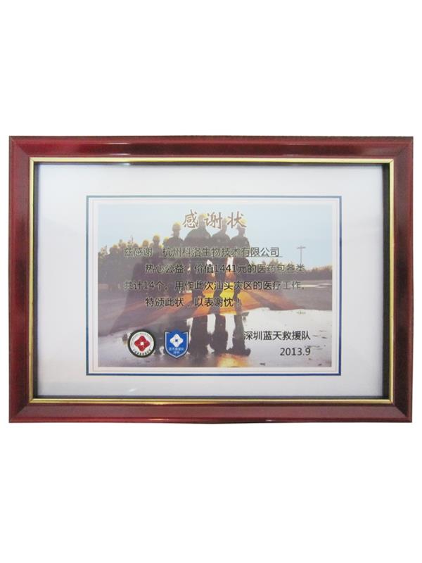 藍(lán)天救援隊(duì)捐贈(zèng)證書(shū)